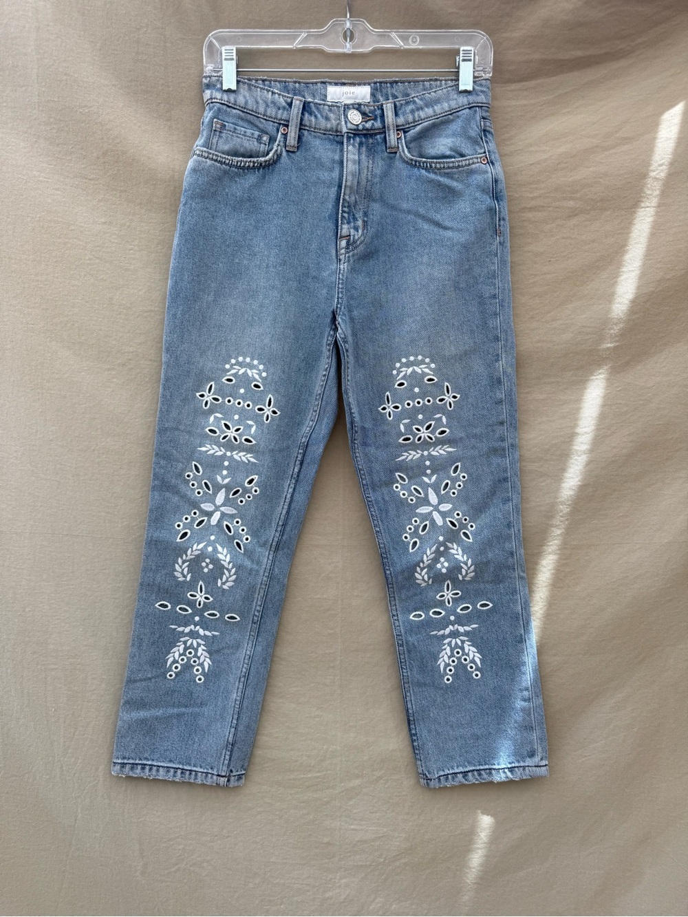 Joie Light Blue Straight Leg Jeans with White Floral Embroidery